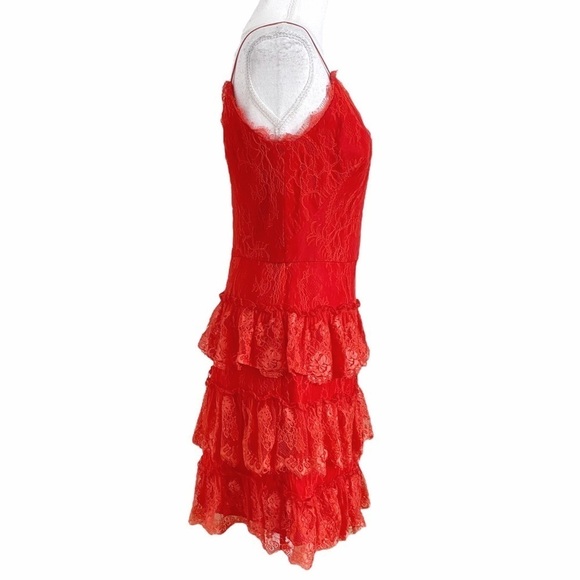 ML MONIQUE LHUILLIER RED LACE SLEEVELESS TIERED COCKTAIL DRESS - 4 - Picture 2 of 10